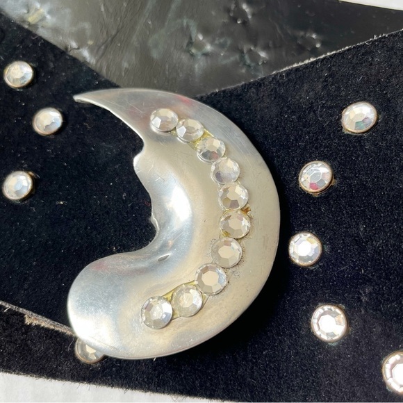 Susan Hyman Vintage Black Suede Belt Wide Studded Half Moon Buckle 80s Statement - Picture 5 of 15